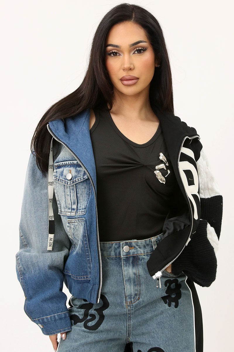 Knit + Denim Sleeves Hoodie Jacket
