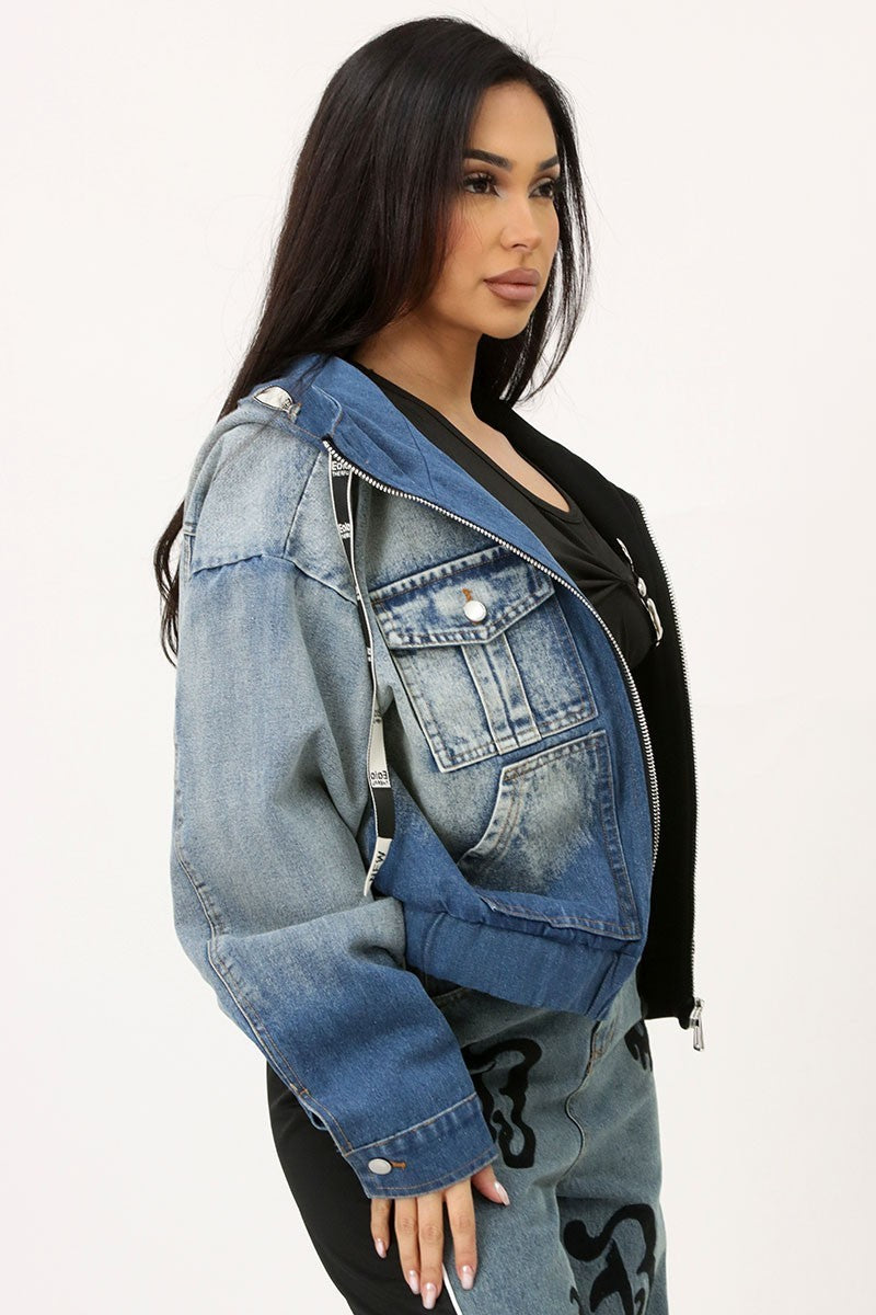 Knit + Denim Sleeves Hoodie Jacket