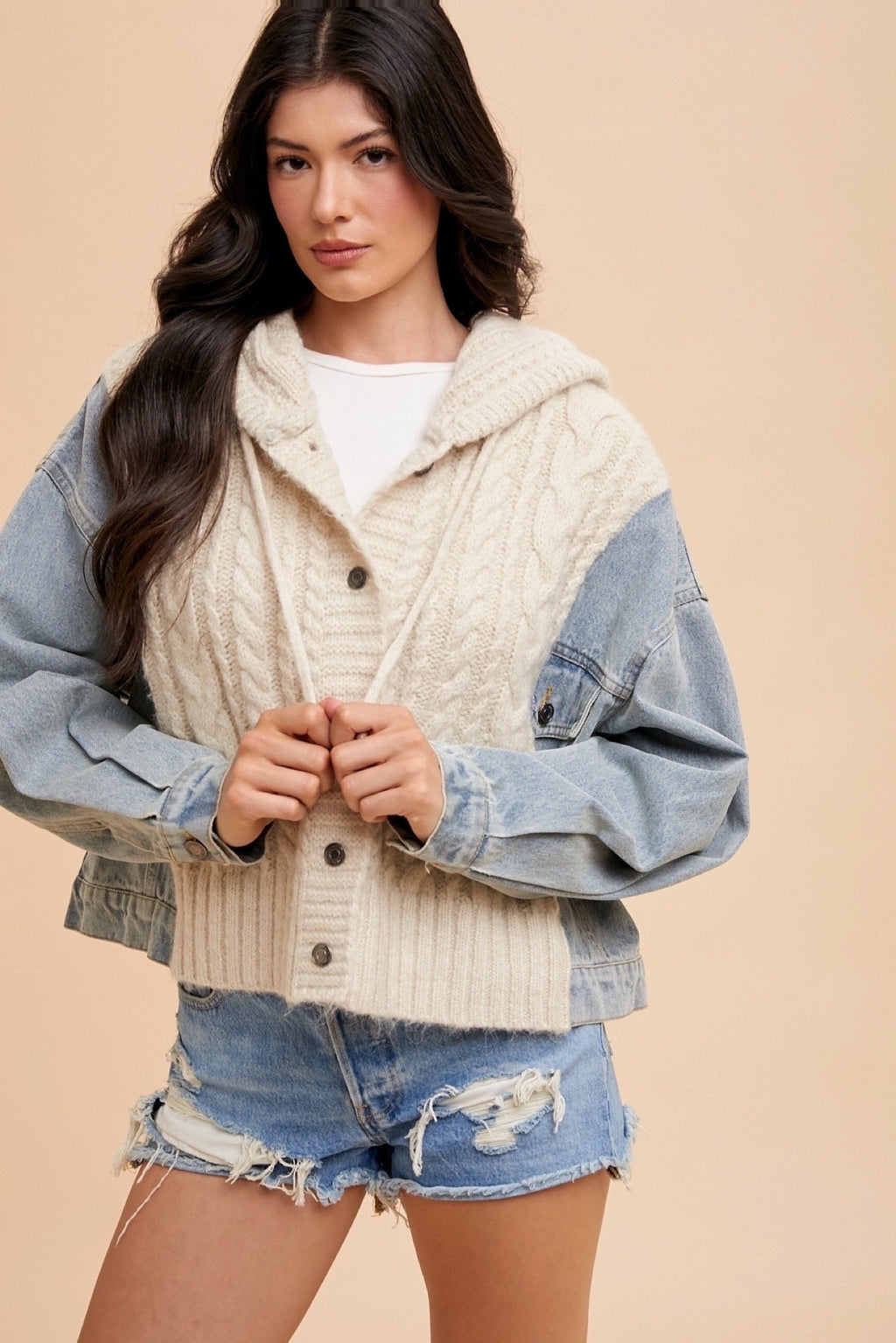 Denim Cable Knit Sweater Jacket