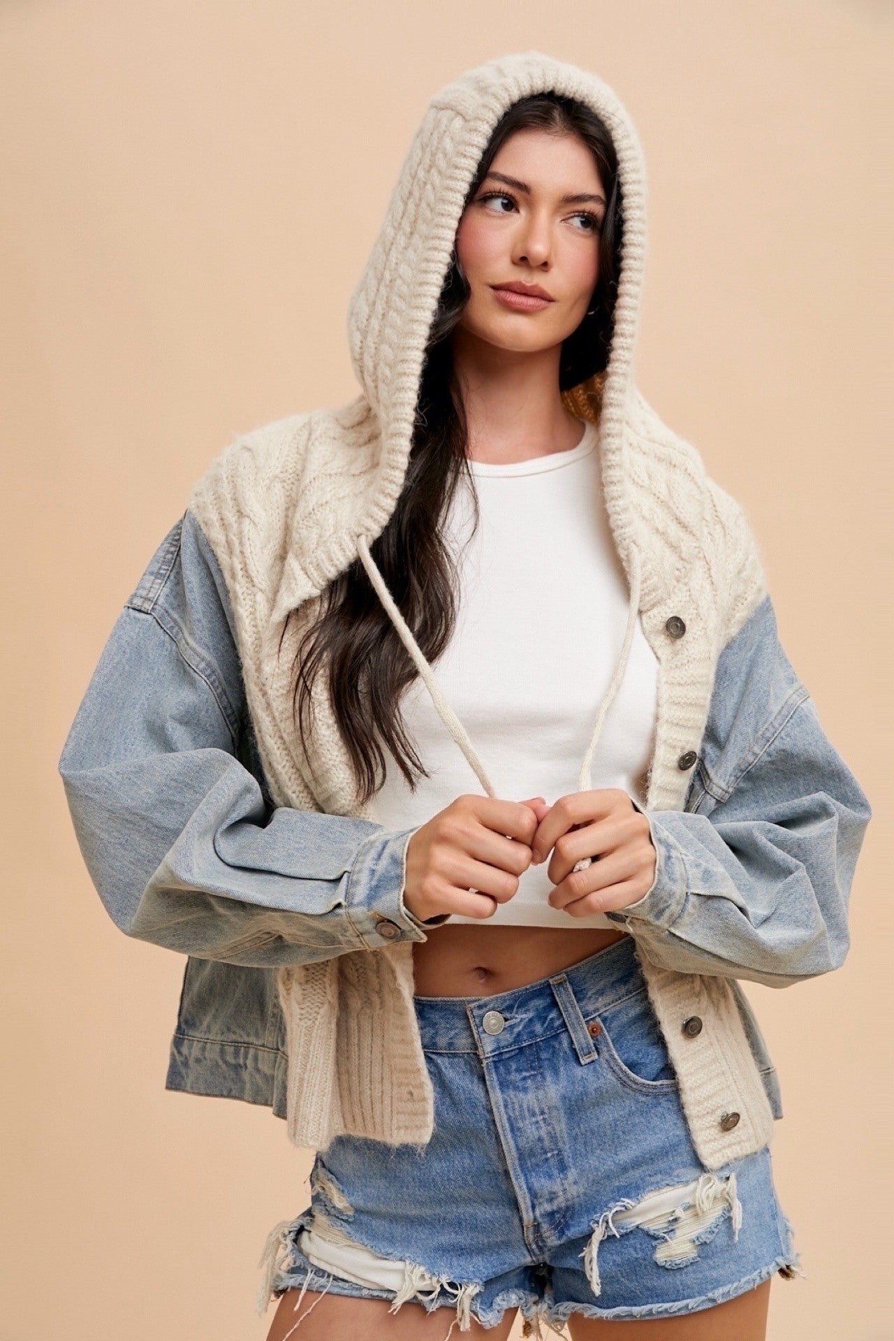 Denim Cable Knit Sweater Jacket
