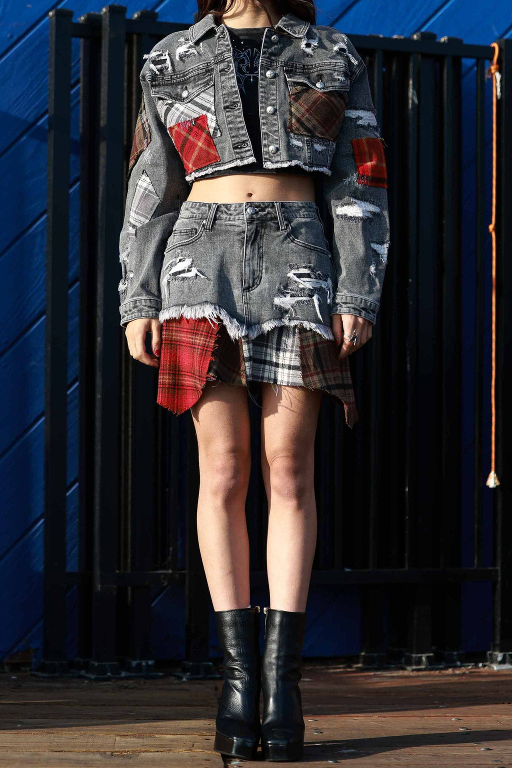 Plaid Applique Denim Crop Trucker Jacket