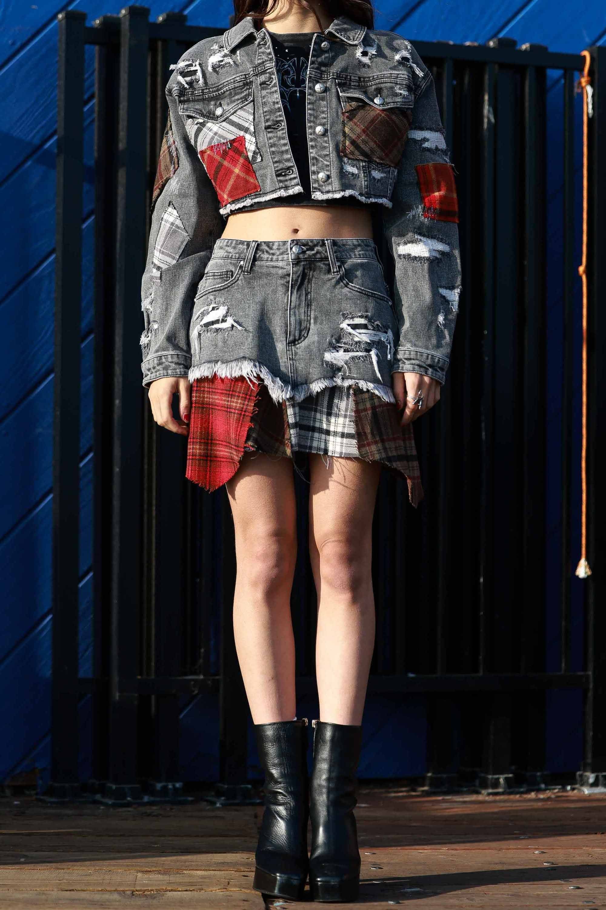 Plaid Applique Denim Crop Trucker Jacket