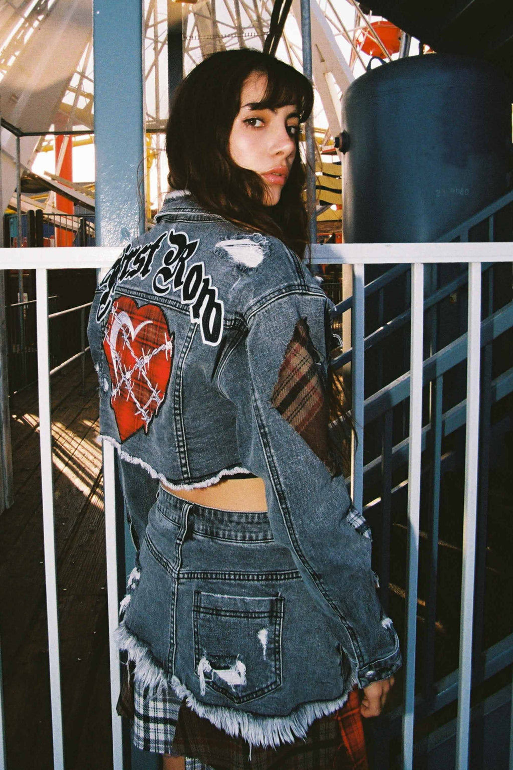 Plaid Applique Denim Crop Trucker Jacket