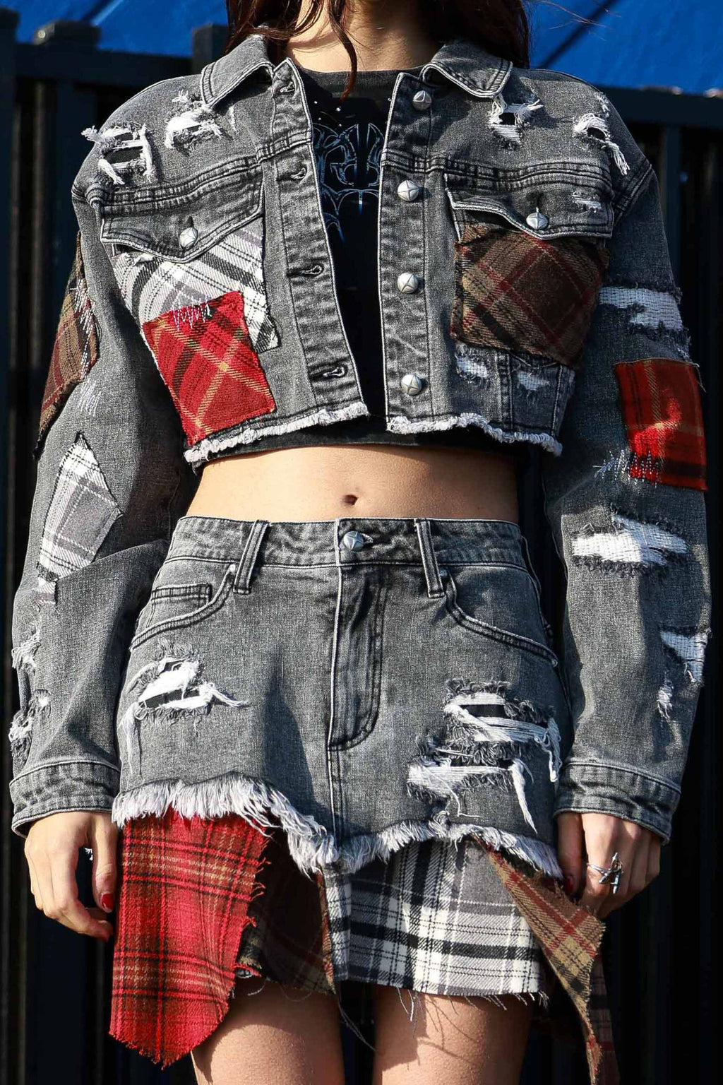 Plaid Applique Denim Crop Trucker Jacket