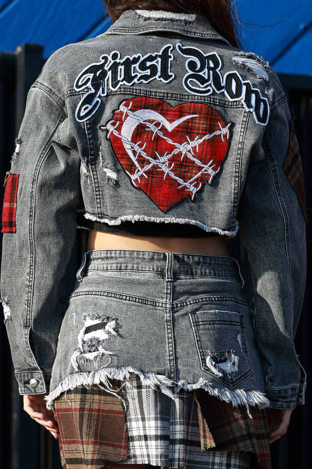 Plaid Applique Denim Crop Trucker Jacket