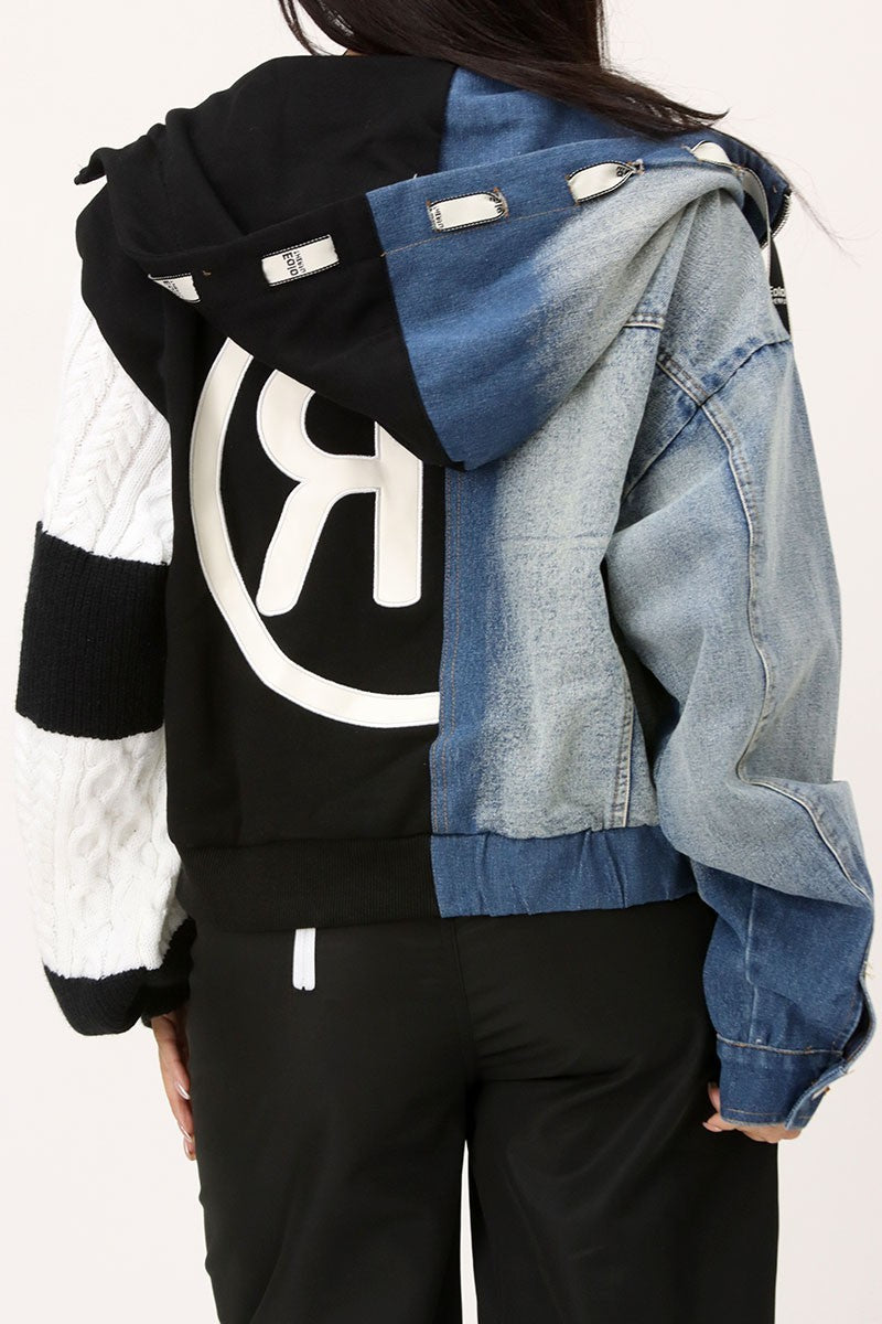 Knit + Denim Sleeves Hoodie Jacket