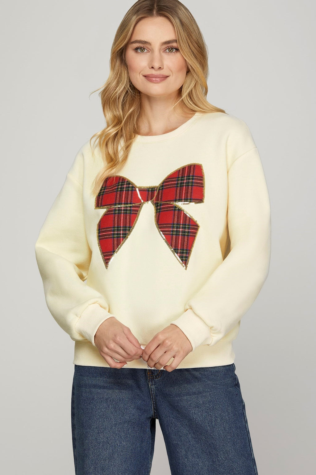 Christmas Plaid Bow Knit Top- 2 Colors