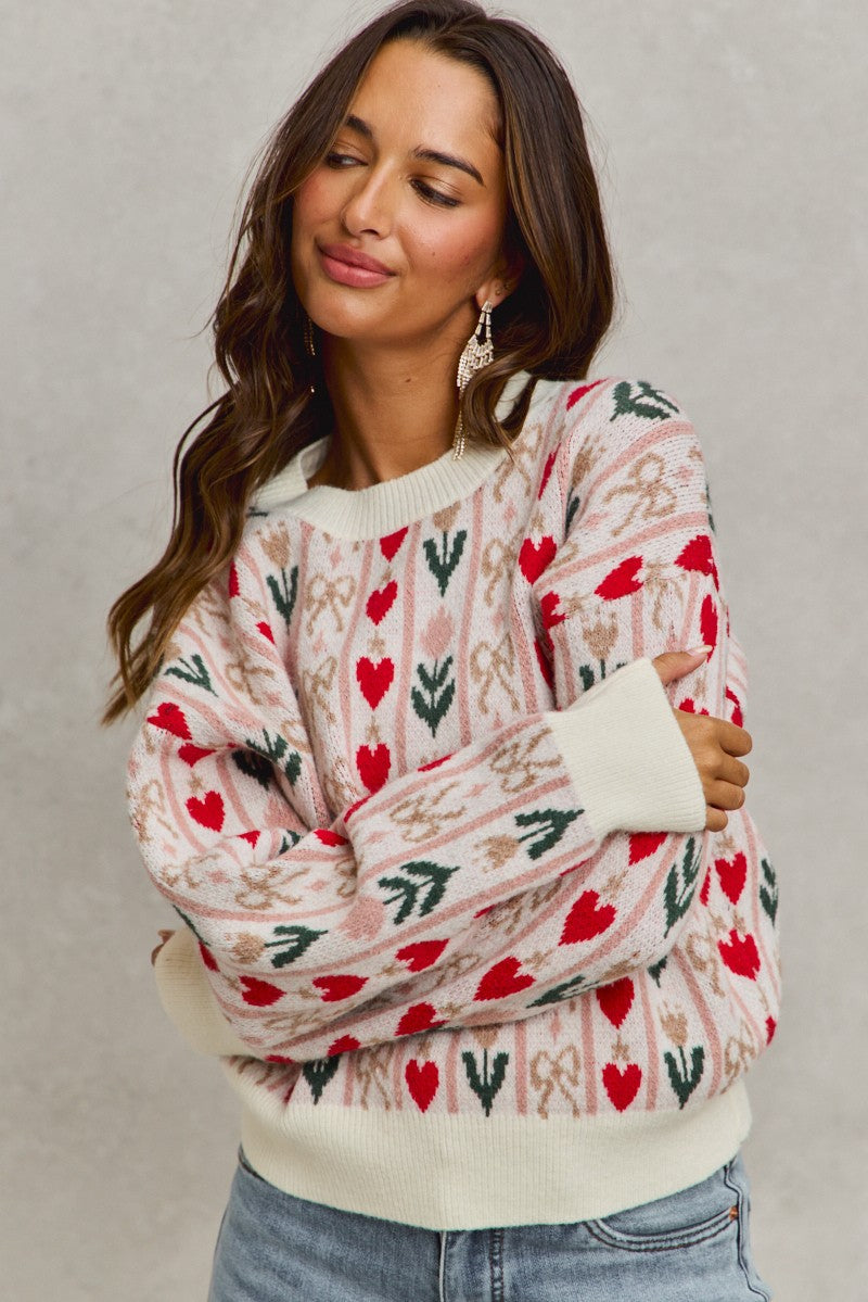 Heart And Ribbon Patterned Sweater