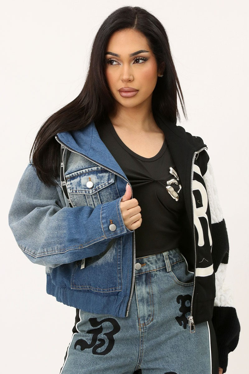 Knit + Denim Sleeves Hoodie Jacket