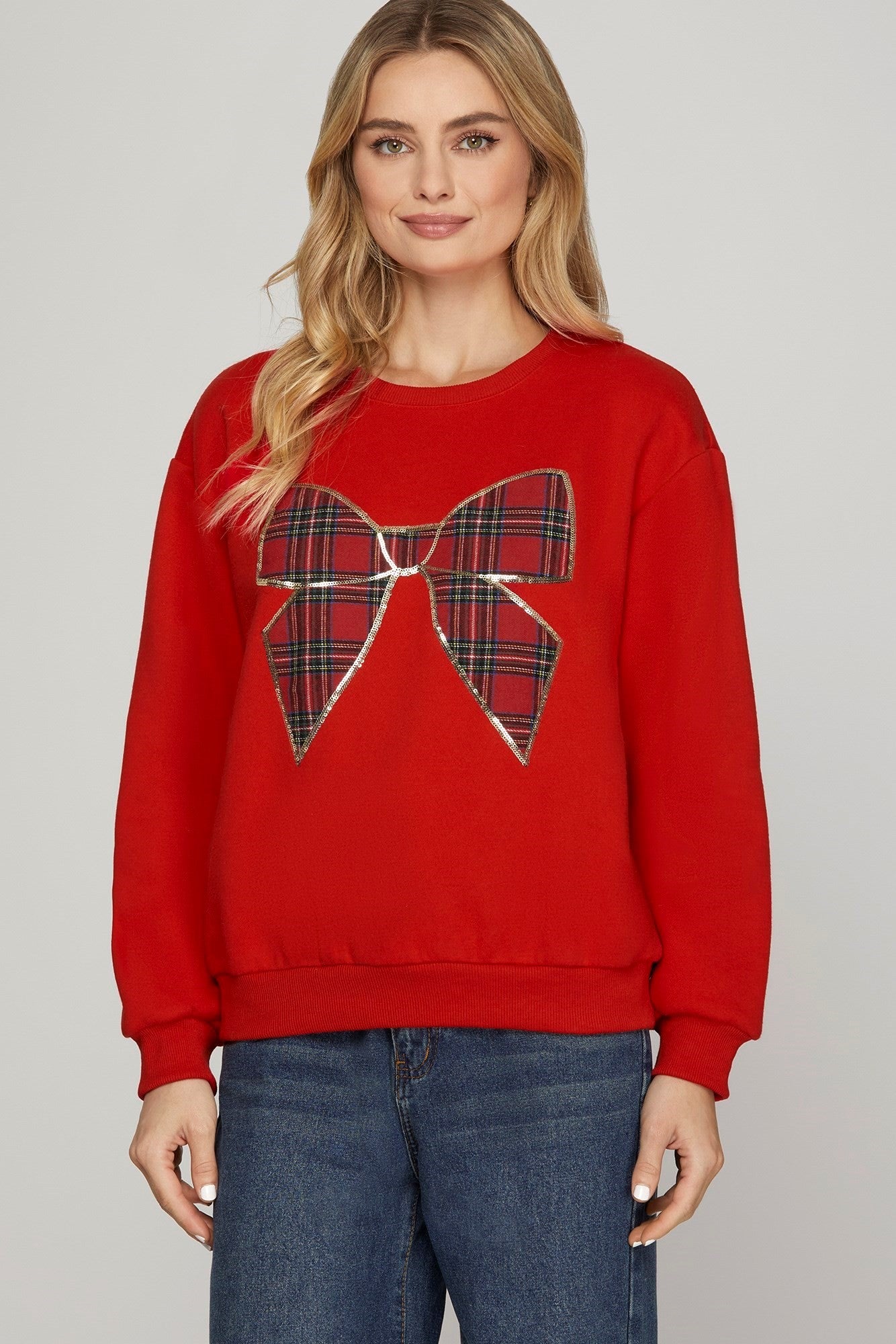 Christmas Plaid Bow Knit Top- 2 Colors