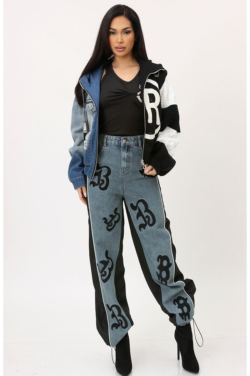 Knit + Denim Sleeves Hoodie Jacket