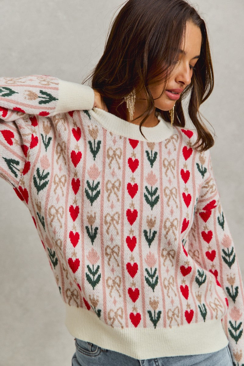 Heart And Ribbon Patterned Sweater