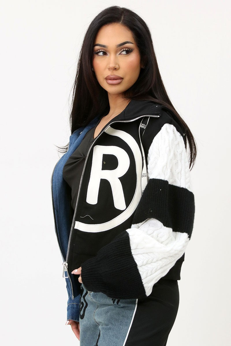 Knit + Denim Sleeves Hoodie Jacket