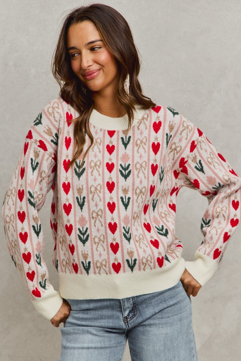 Heart And Ribbon Patterned Sweater